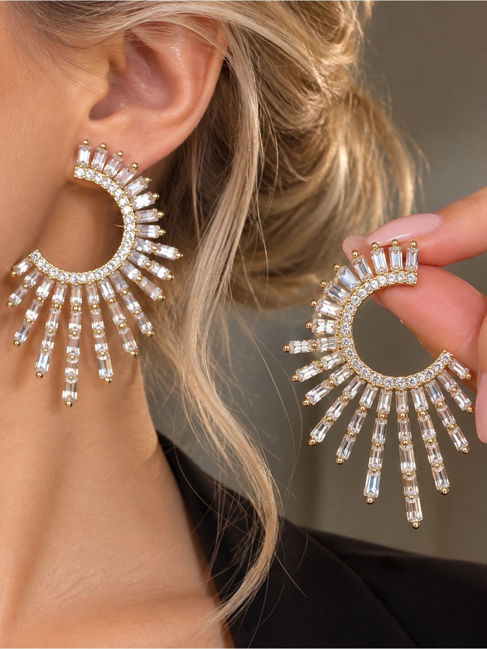Gold Crystal Sunburst Hoop Statement Earrings